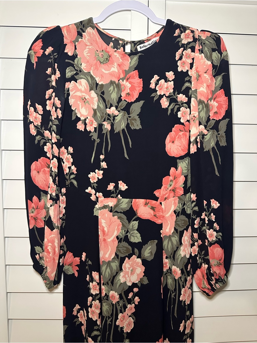 Reformation Black Midi Dress with Pink Floral Print